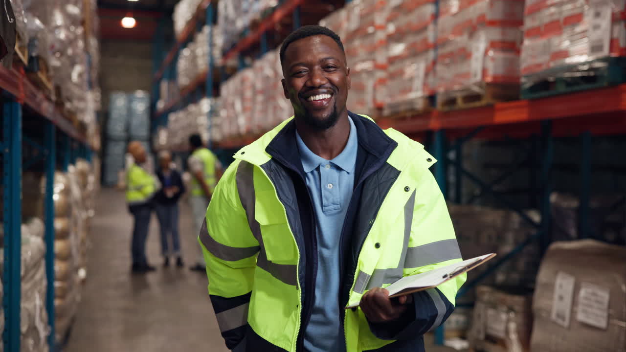 Smiling Black Man in High-Visibility Jacket Holding Clipboard in Warehouse