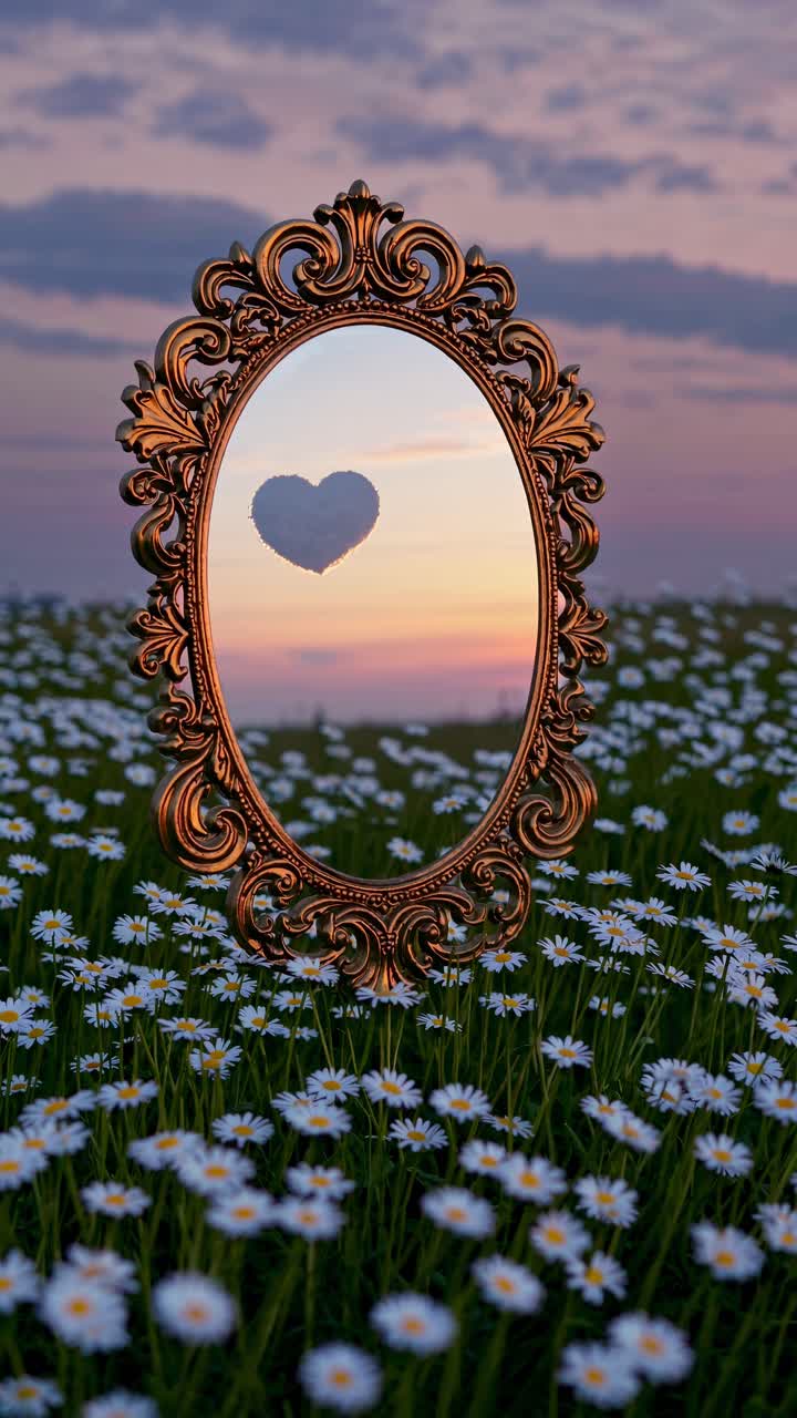 A vintage mirror reflects a heart-shaped cloud at sunset in a daisy field