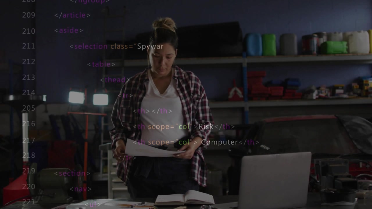 Woman lifting document and cross-referencing animated code headings for automotive repair planning
