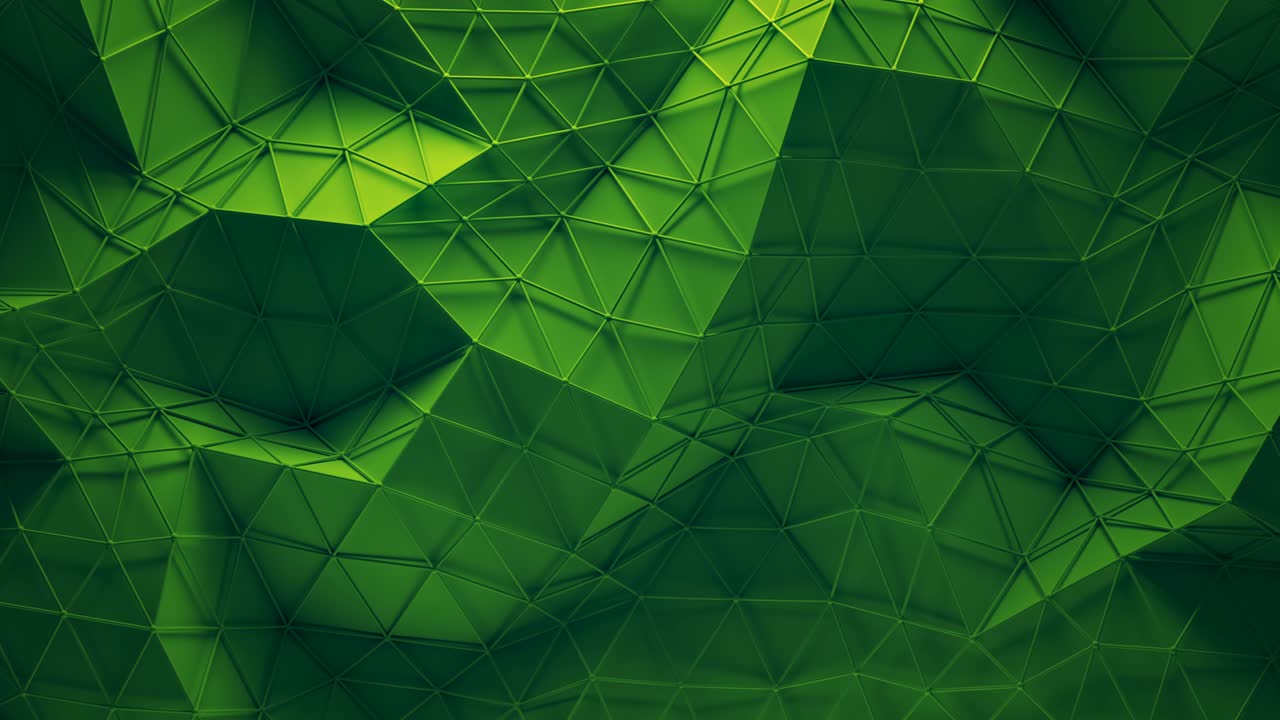 Fondo geométrico low poly verde, render 3D, animación en bucle sin fisuras