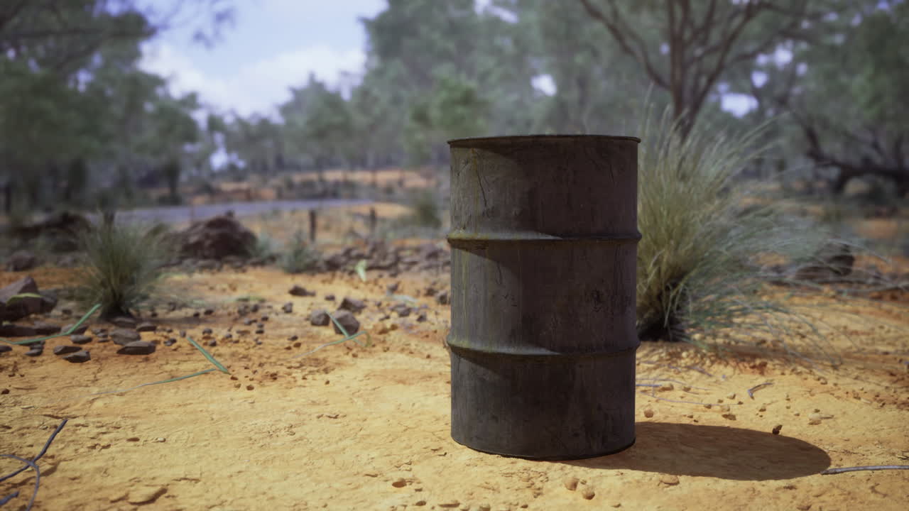 Weathered drum stands alone in arid desert landscape under bright sunlight