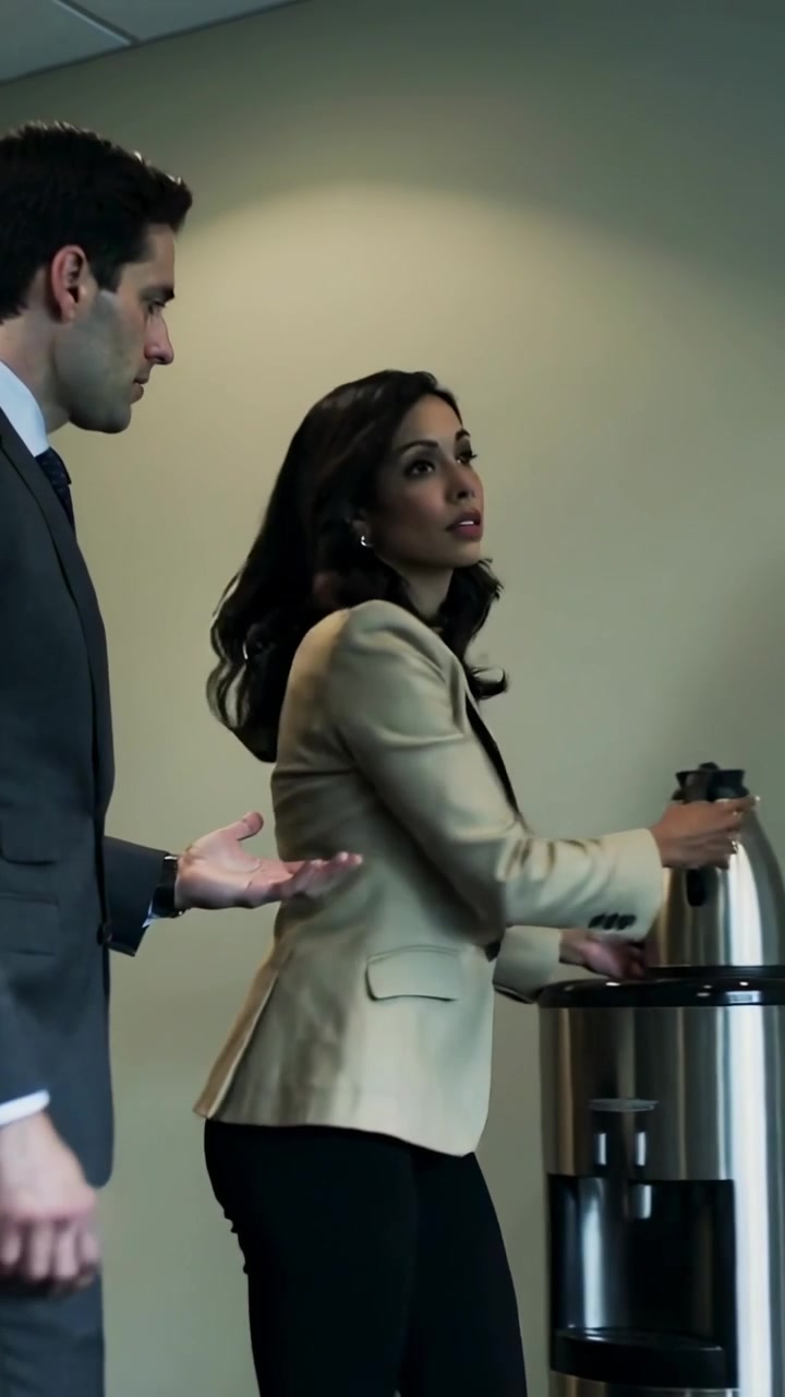 Video verticale: Colleghi in abiti da lavoro che camminano, diretti a prendere un caffè mentre recuperano la caraffa in ufficio.