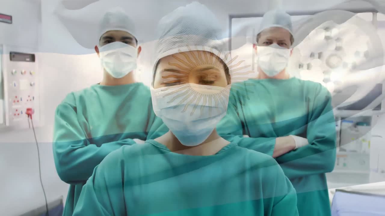 animação da bandeira argentina ondulando sobre cirurgiões na sala de cirurgia
