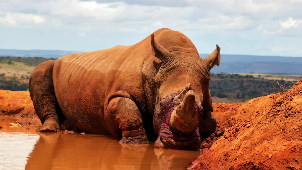 An ijnured white rhino lies at a watering hole under a dramatic, cloudy sky