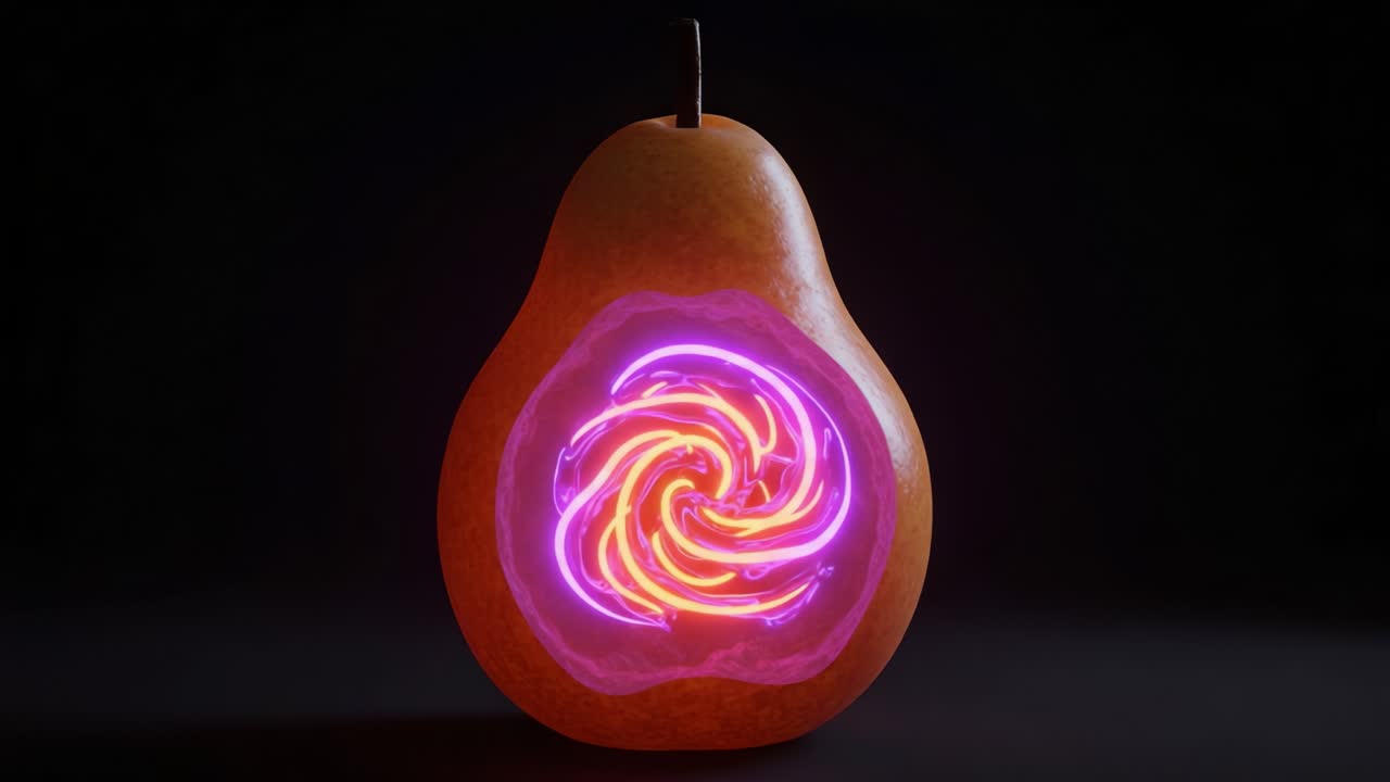 A Radiant Inner World: Exploring the Mesmerizing Swirl of Light Emanating from the Core of a Pear, Merging Nature with Digital Artistry