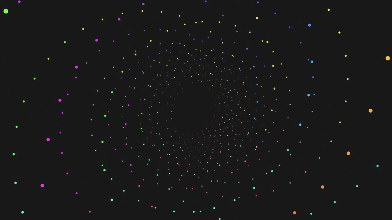 Colorful dots form a spiraling pattern in this image, gradually converging towards the center. The vibrant hues and dynamic movement create a captivating visual impact