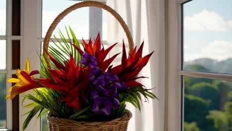 flowers in a basket on a window seat
