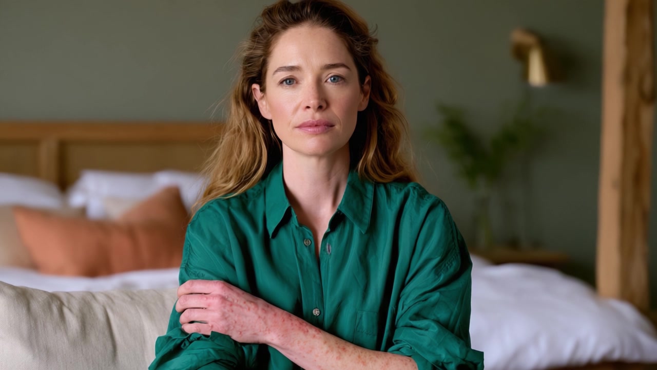 Un momento sereno catturato in un'accogliente camera da letto, con una donna dall'espressione calorosa, vestita con una camicia verde, che emana sicurezza e forza tranquilla