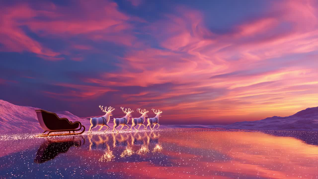 A majestic winter landscape featuring a shimmering reflective surface as a sleigh led by glowing reindeer glides across it, under a breathtaking sky painted with vibrant pink and purple hues at dusk