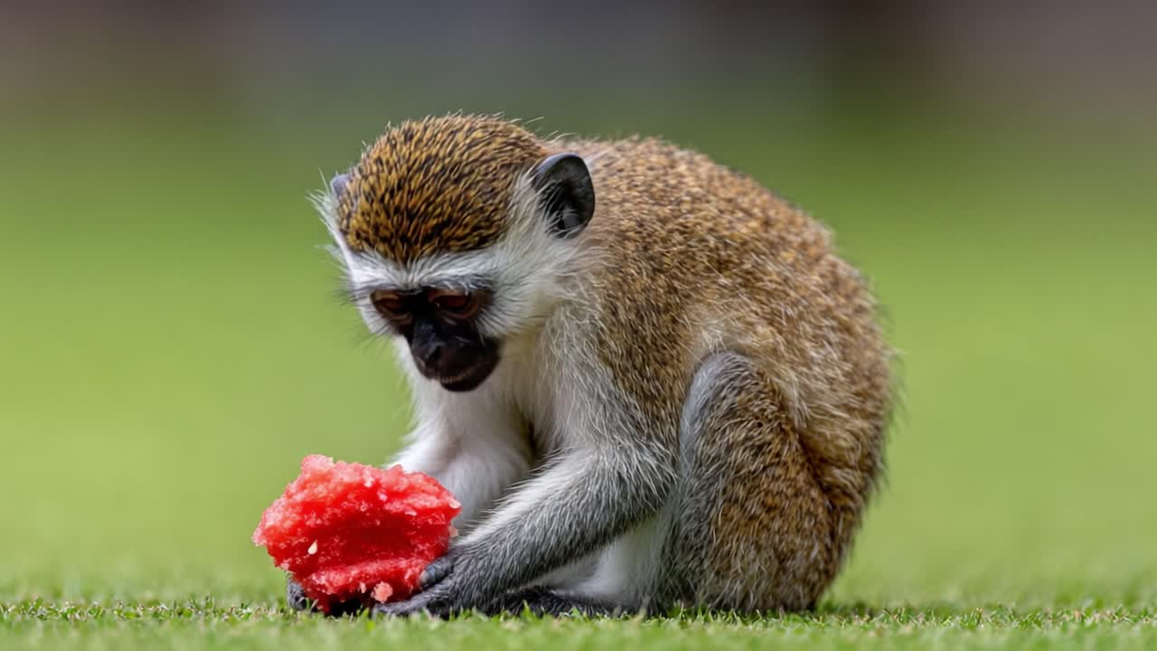 Curious Monkey Enjoying a Refreshing Treat: A Close-Up of a Vervet Monkey Holding Watermelon in Its Hands, Captured in Vibrant Detail on a Sunny Day