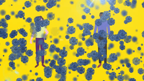 animación de células de covid-19 sobre personas en fondo amarillo