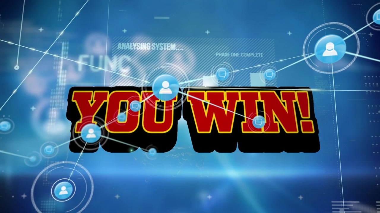 แอนิเมชันของเครือข่ายการเชื่อมต่อเหนือข้อความ "You Win" และการประมวลผลข้อมูล