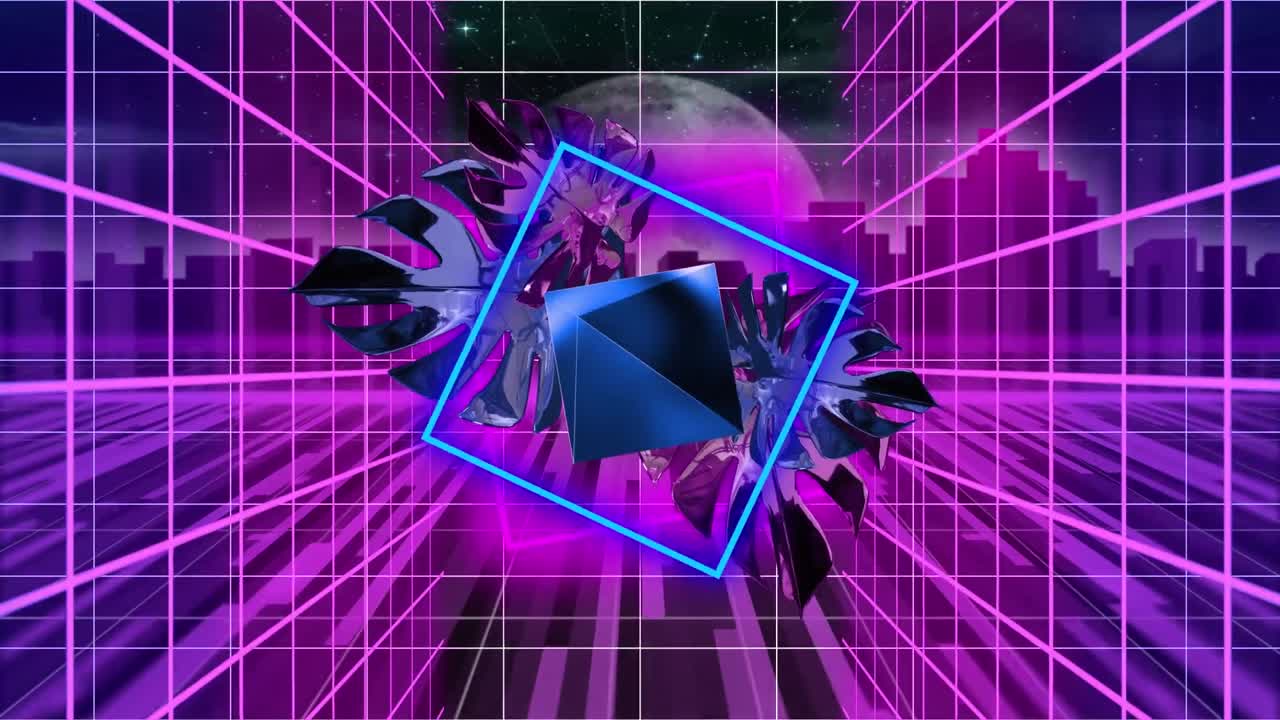 Animation af netværk af forbindelser og blade over neonformer og by