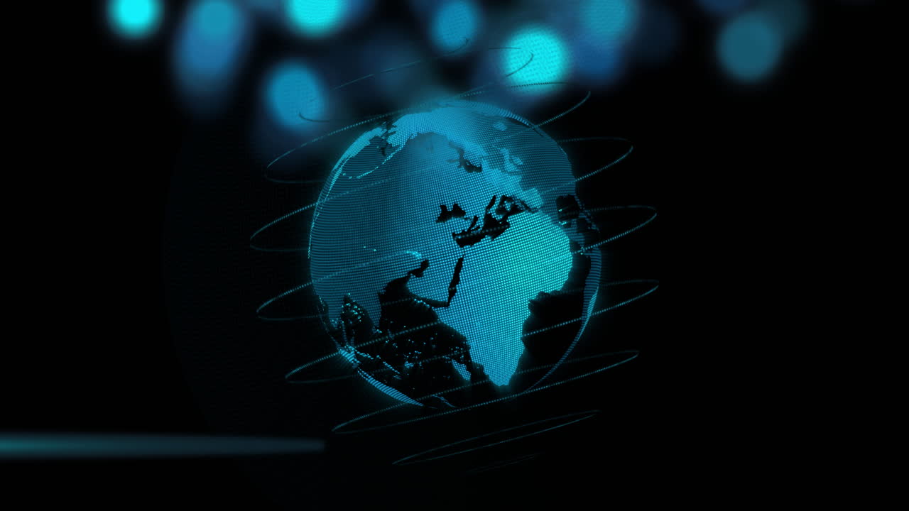 Animation of digital data processing and globe over black background