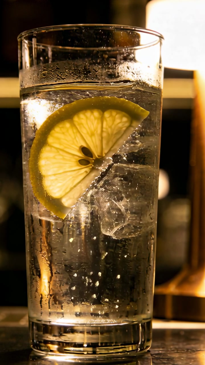 Vertical video: Bubbling glass nudging lemon wedge and ice cube across bar counter, backlit lamp