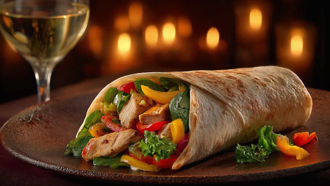 A Close-Up of an Appetizing Chicken Wrap Filled with Colorful Vegetables Amongst a Softly Lit Background, Perfect for a Cozy Dining Experience or Special Occasion