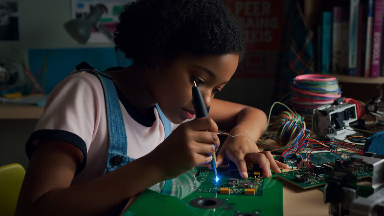 Young girl soldering an electronic circuit board