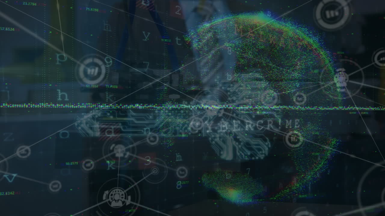 Animation of network of connections and data processing with globe over caucasian man
