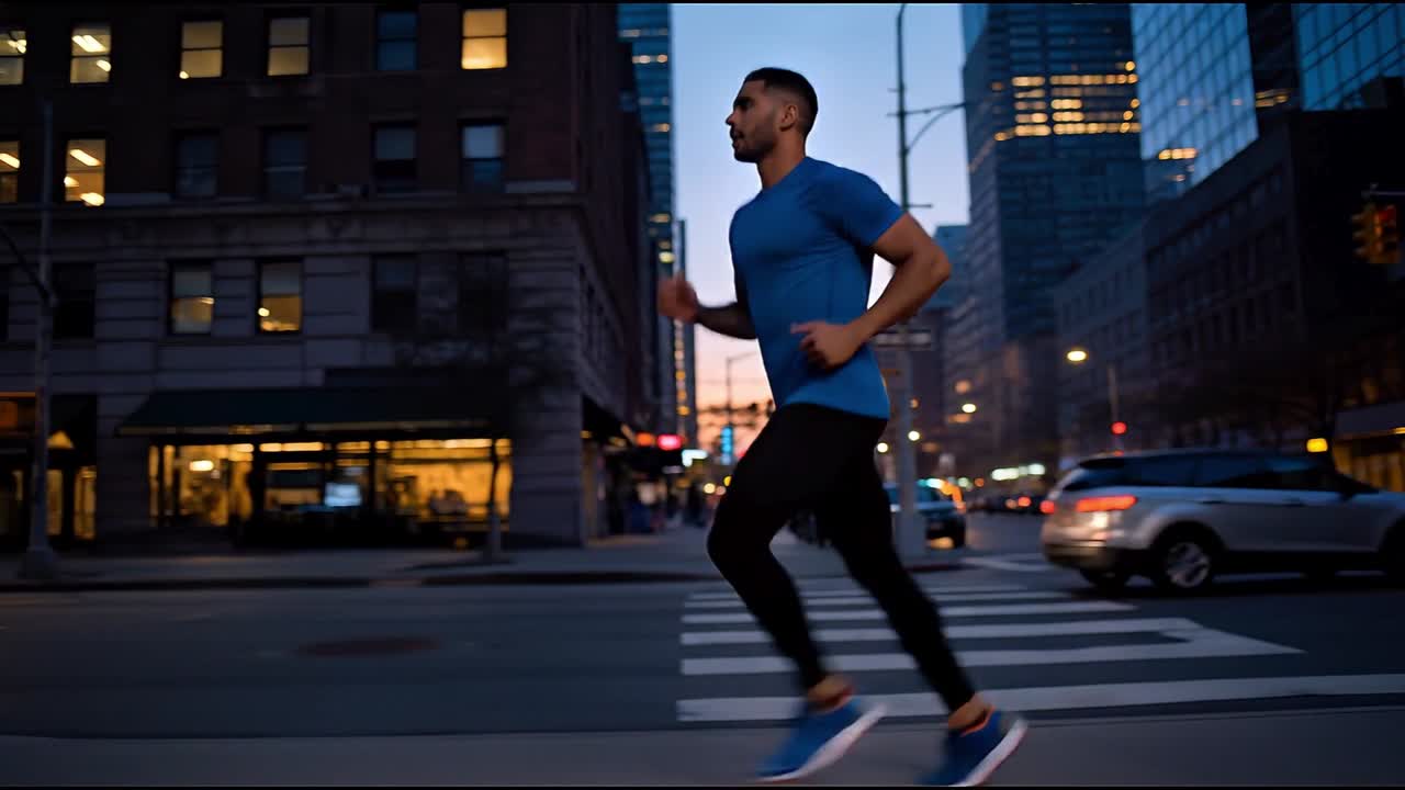 Man Running Across City Street at Dusk