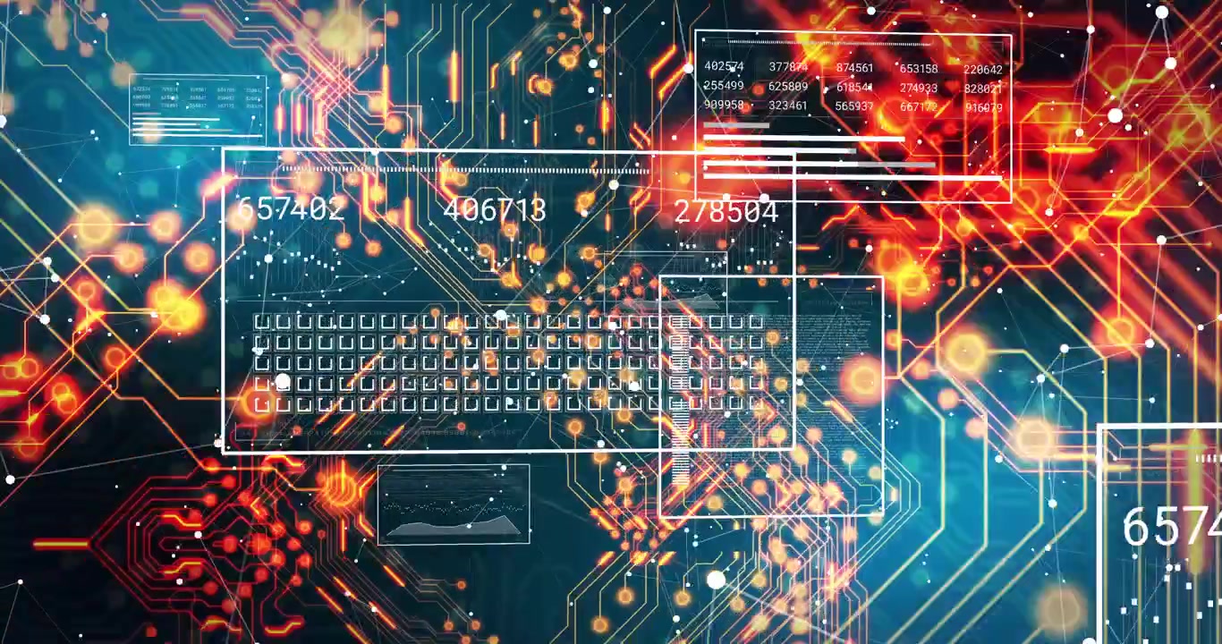 Schematic keyboard receiving orange traces, pulsing nodes, branching flows, visualizing data