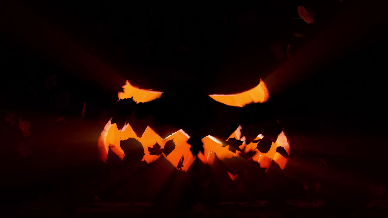 Spooky Jack-o'-Lantern with Glowing Face and Falling Leaves