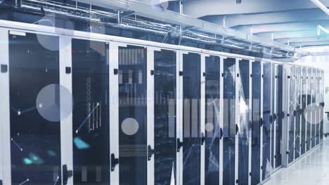 animation of connections and data processing over tech room with computer servers
