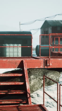 rusty red metal platform and stairs in a winter scene