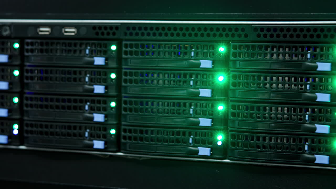 Server rack with blinking green lights in a data center