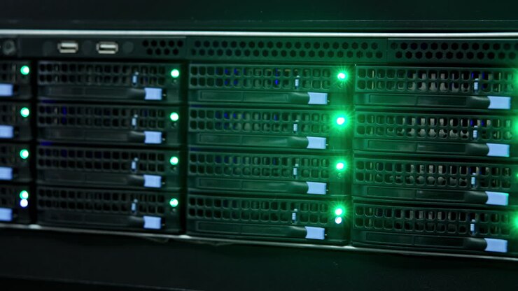Server rack with blinking green lights in a data center