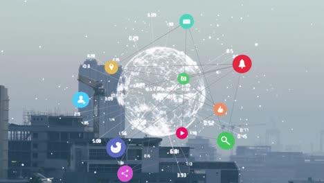 animation of globe and social media icons over cityscape