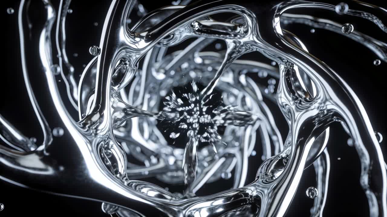 Telecamera che avanza, una spirale lucida che ruota, goccioline che si muovono verso l'interno, rivelando un nucleo tecnologico