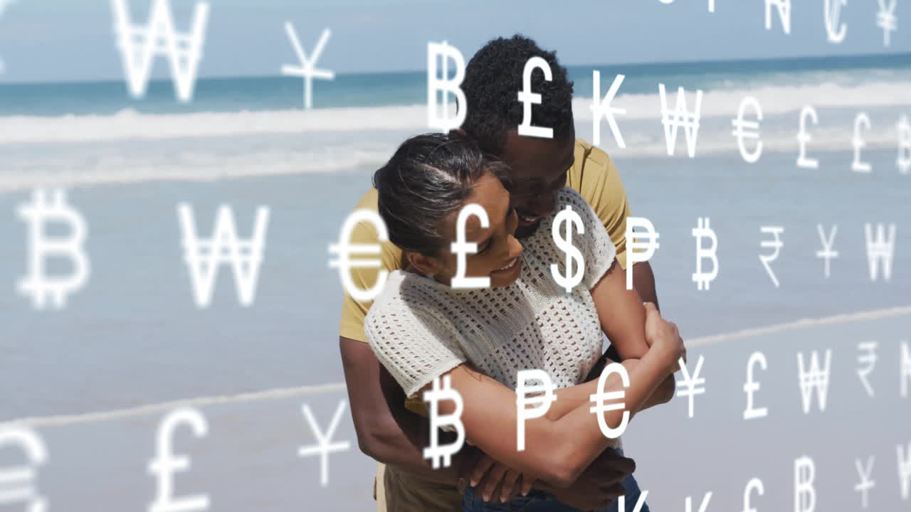 Embracing on beach, couple surrounded by animated currency symbols floating