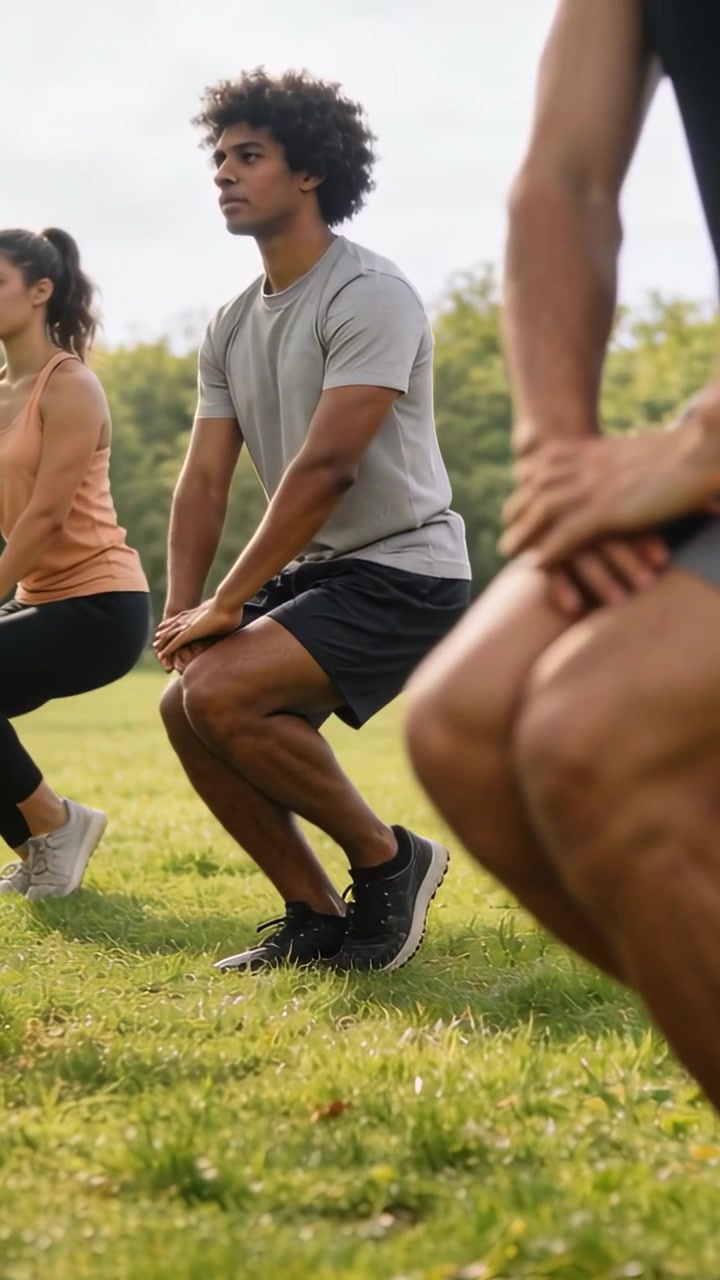 Video vertical: Hombre realizando a la señal, liderando a un grupo haciendo zancadas en un parque para hacer ejercicio con zapatillas deportivas.