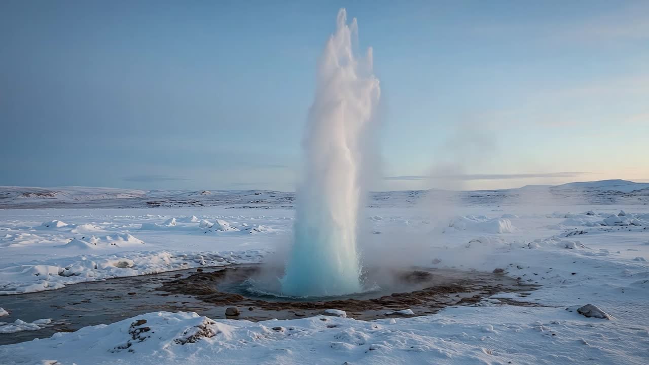 An Erupting Geyser Surrounded by Snowy Landscape: A Spectacular Natural Phenomenon Unleashing a Jet of Water into the Cold Arctic Air