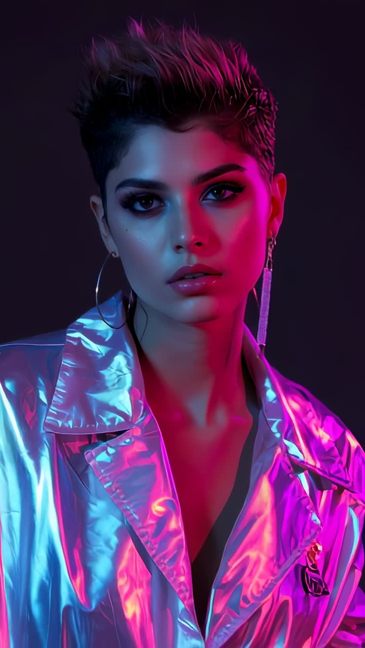 Vertical video: Zooming out revealing female model adjusting silver jacket posing at studio shoot