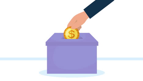 inserción de monedas a mano en la animación de la caja de donaciones
