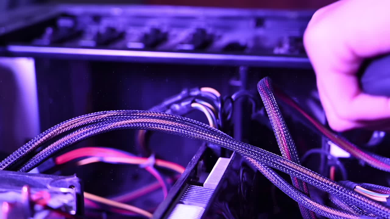 Close up of a man cleaning the dust from a computer using an air blower