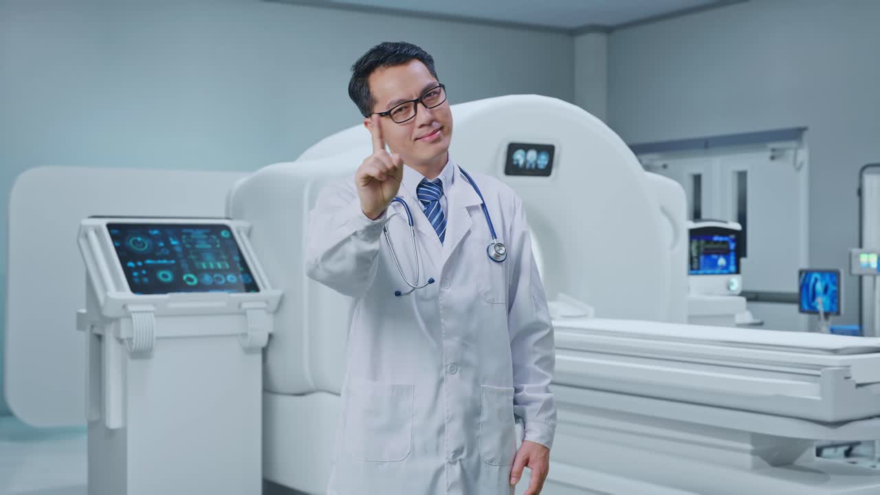 Asian Male Doctor Showing No Gesture While Standing With MRI Machine In The Hospital
