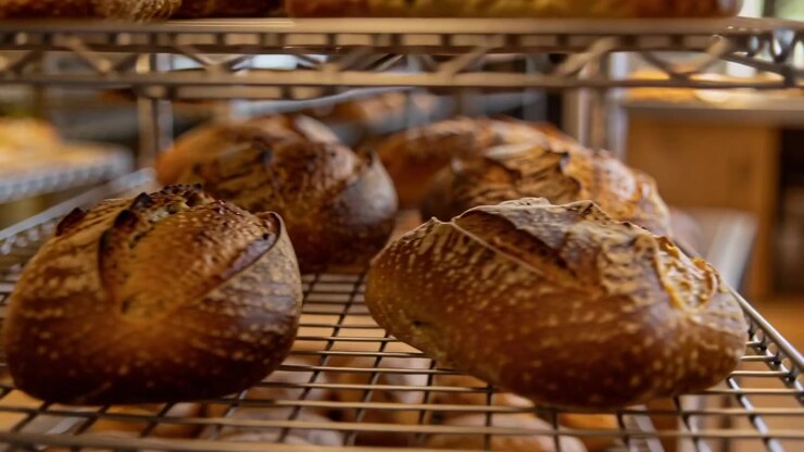 Panning camera starting right down in bakery, revealing round crusty scored loaves on tiered racks