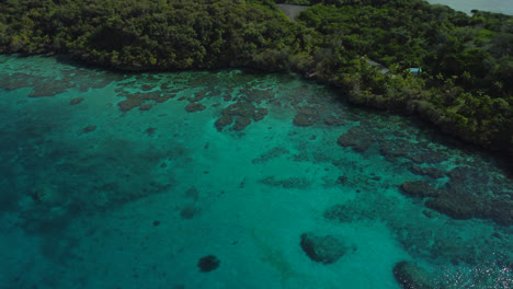 Aerial-view-of-emerald-waters-in-the-Jinek-bay,-in-Lifou---circling,-drone-shot