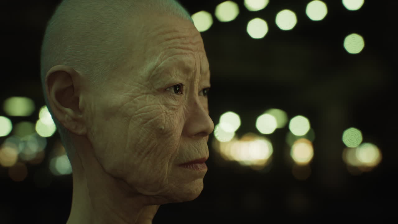 밤에 도시에 있는  ⁇ 은 아시아 여인