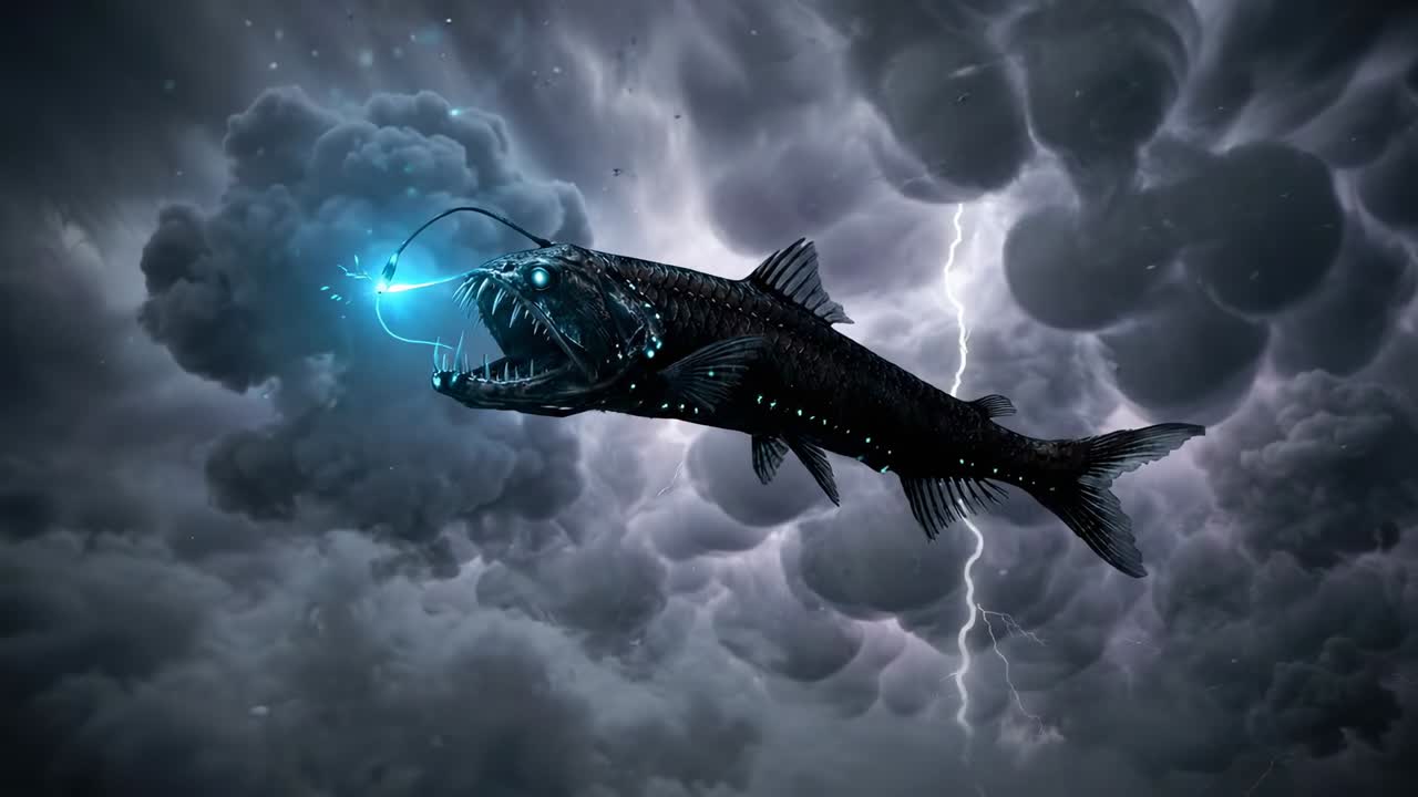 Dybhavs hugormefisk med bioluminescent lokkemad mod stormfuld himmel og lyn
