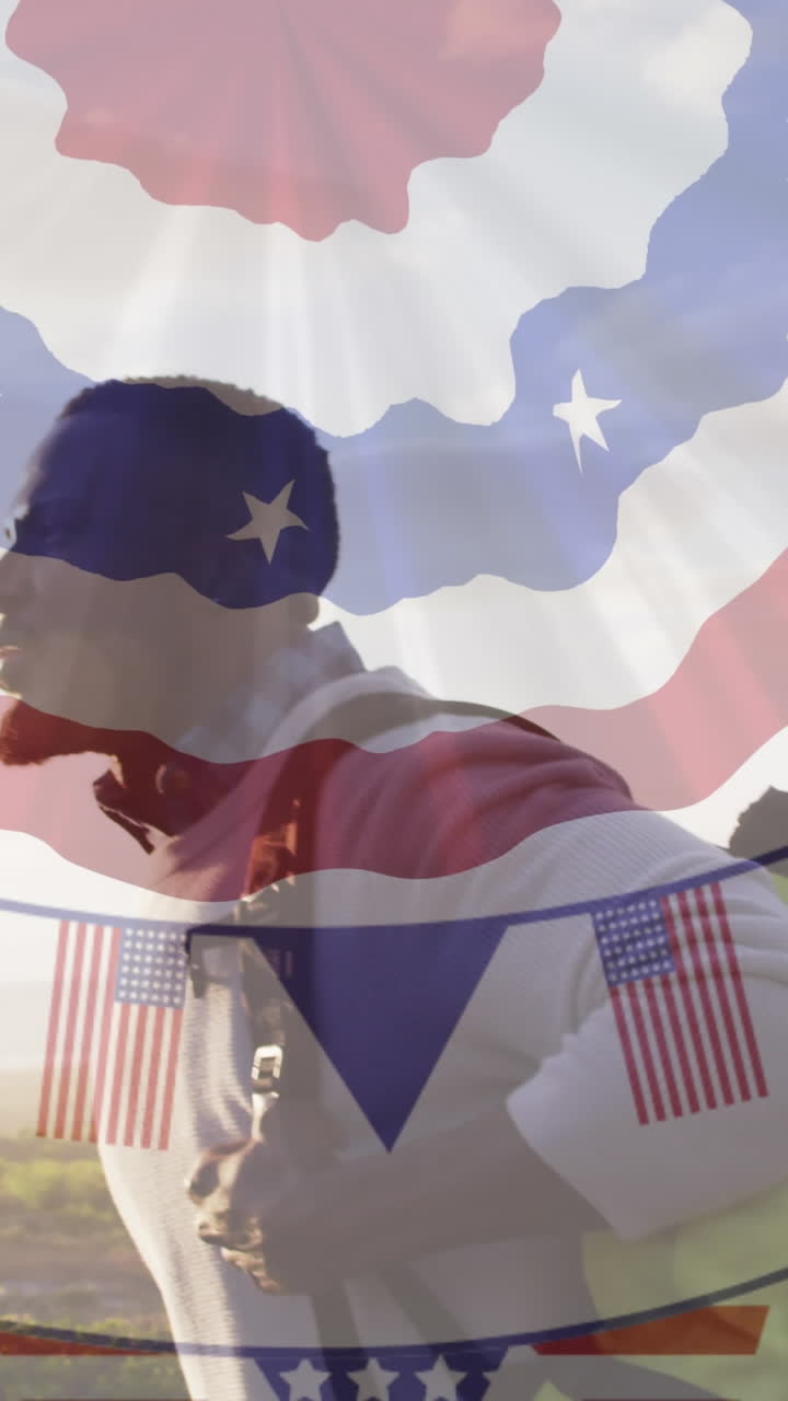 animación de la bandera estadounidense sobre un hombre afroamericano caminando por las montañas