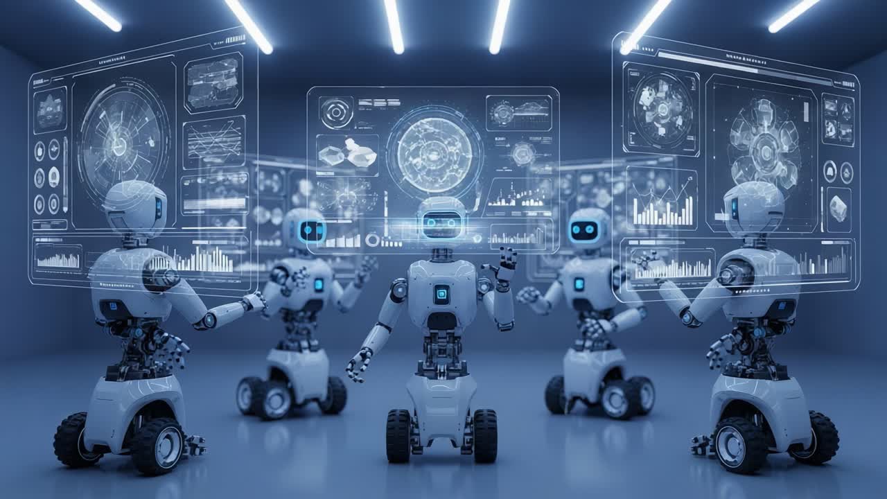 A group of advanced robots engaged in interactive data analysis and communication, showcasing futuristic technology in a digitally enhanced environment.
