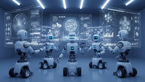a group of advanced robots engaged in interactive data analysis and communication, showcasing futuristic technology in a digitally enhanced environment.