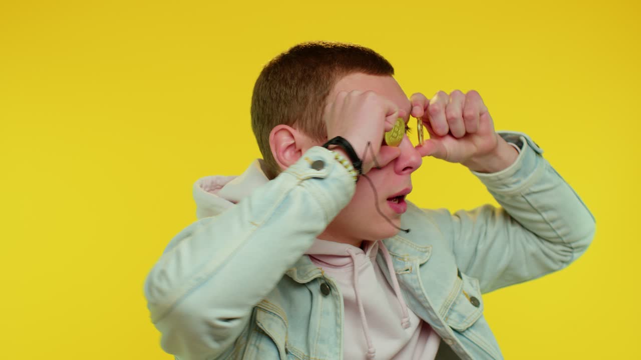 hombre adolescente rico y elegante engañando, mostrando bitcoins dorados, inversión en criptomonedas, minería