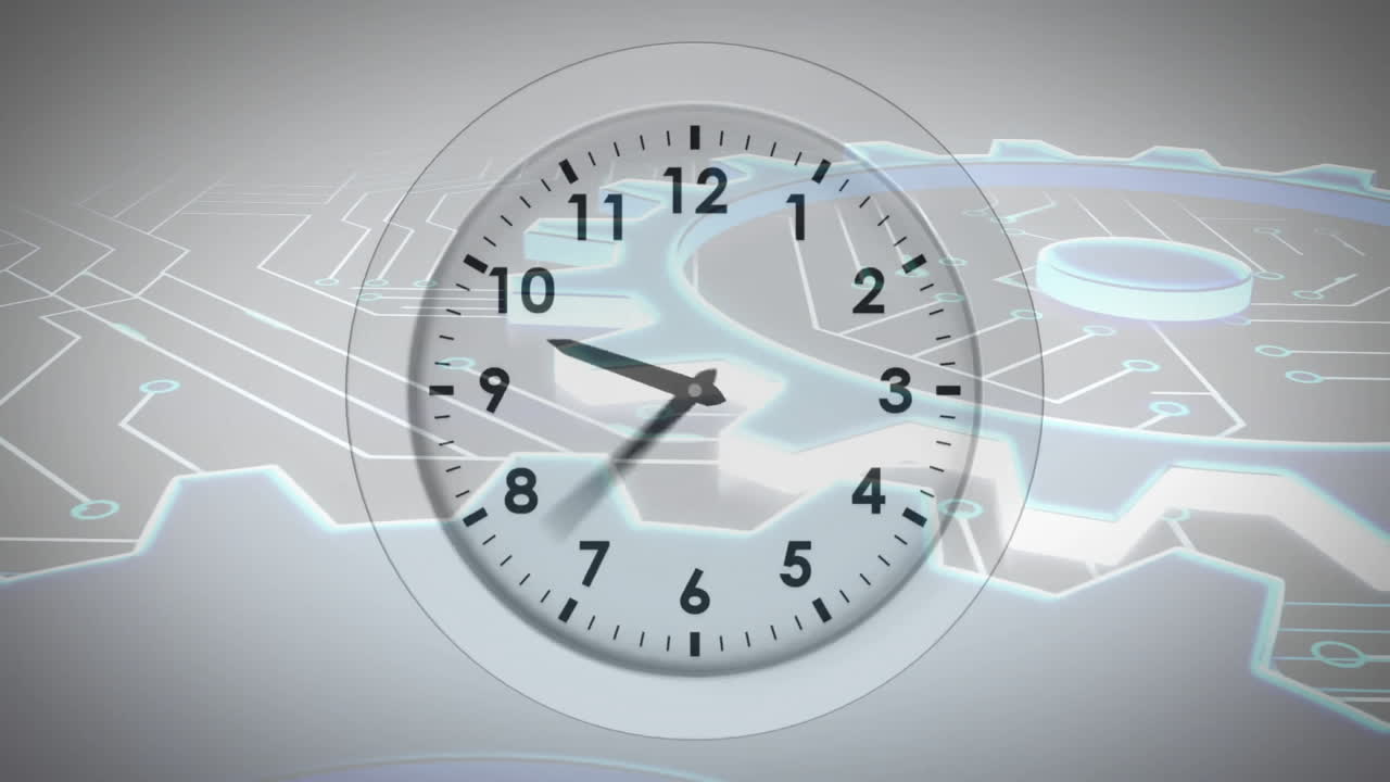 Animation of moving clock over computer circuit board and cog wheels on white background