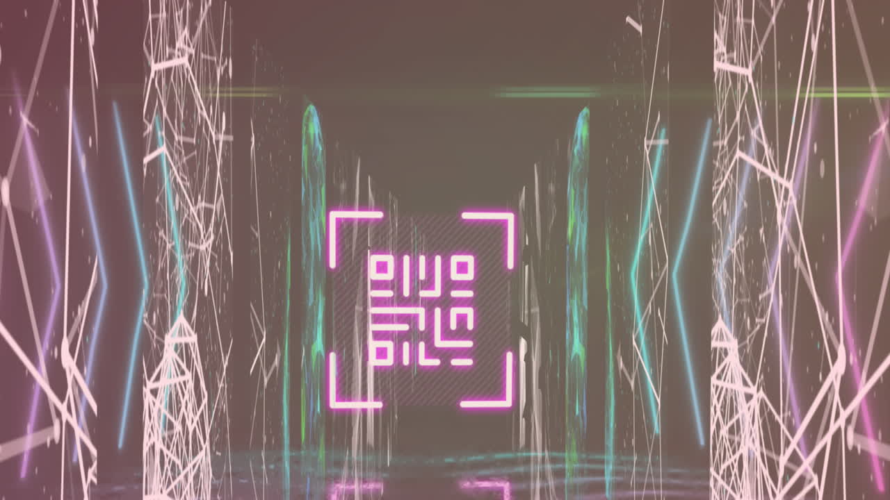 animación del código qr sobre puntos y globos conectados contra un fondo abstracto.