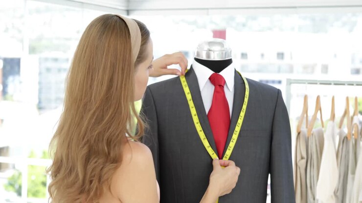 Pretty fashion designer measuring suit lapels on mannequin
