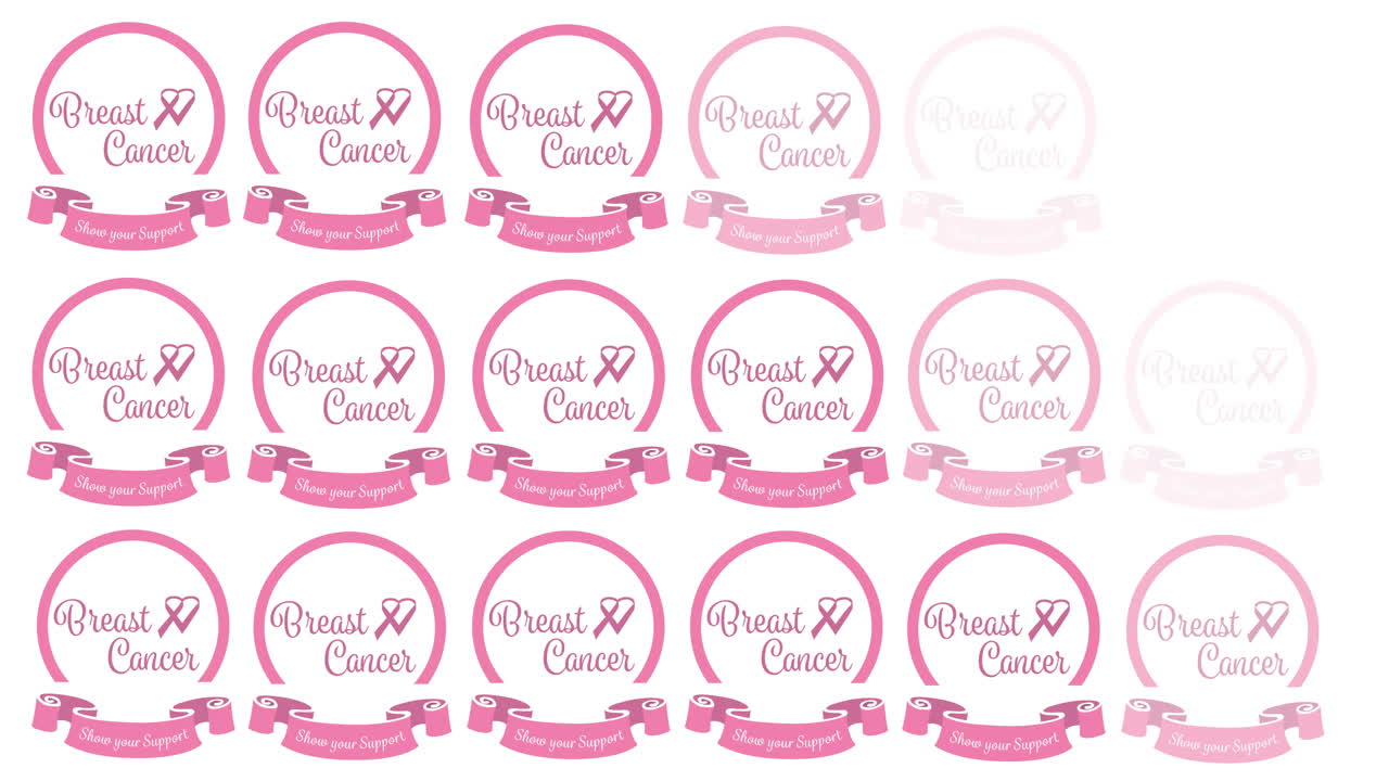 animación del logotipo de cinta rosa múltiple de cáncer de mama con texto de cáncer de mama en blanco